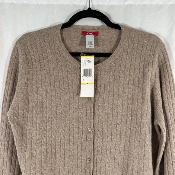 Anne Klein Cardigan Womens Medium Beige Wool Cashmere Small Cable Knit - Picture 2 of 10